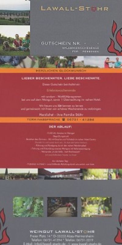 <br>Gutschein für LAWALL-STÖHR. ERLEBEN. 1+1.  incl. Transfer - Hotel hin und zurück - ( ÜBERNACHTUNG IM HOTEL PERSÖNLICH BUCHEN, IST IM GUTSCHEIN NICHT ENTHALTEN )    pro Pers.<br>